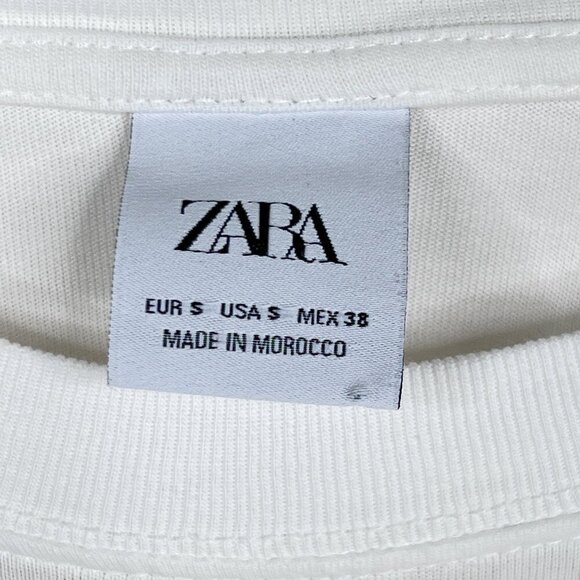 Zara Men's White Text Print T-Shirt Blue Botanical on Back Size S - Picture 5 of 5